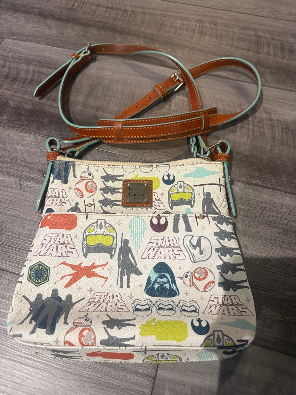 Dooney & Bourke Multicolor Star Wars Canvas Crossbody with Tan Leather Trim - Picture 1 of 4